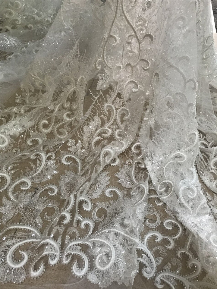 5 YARDS / Off White Sequin Beaded Glitter Embroidery Mesh Lace Wedding Party Dress Fabric - Classic & Modern