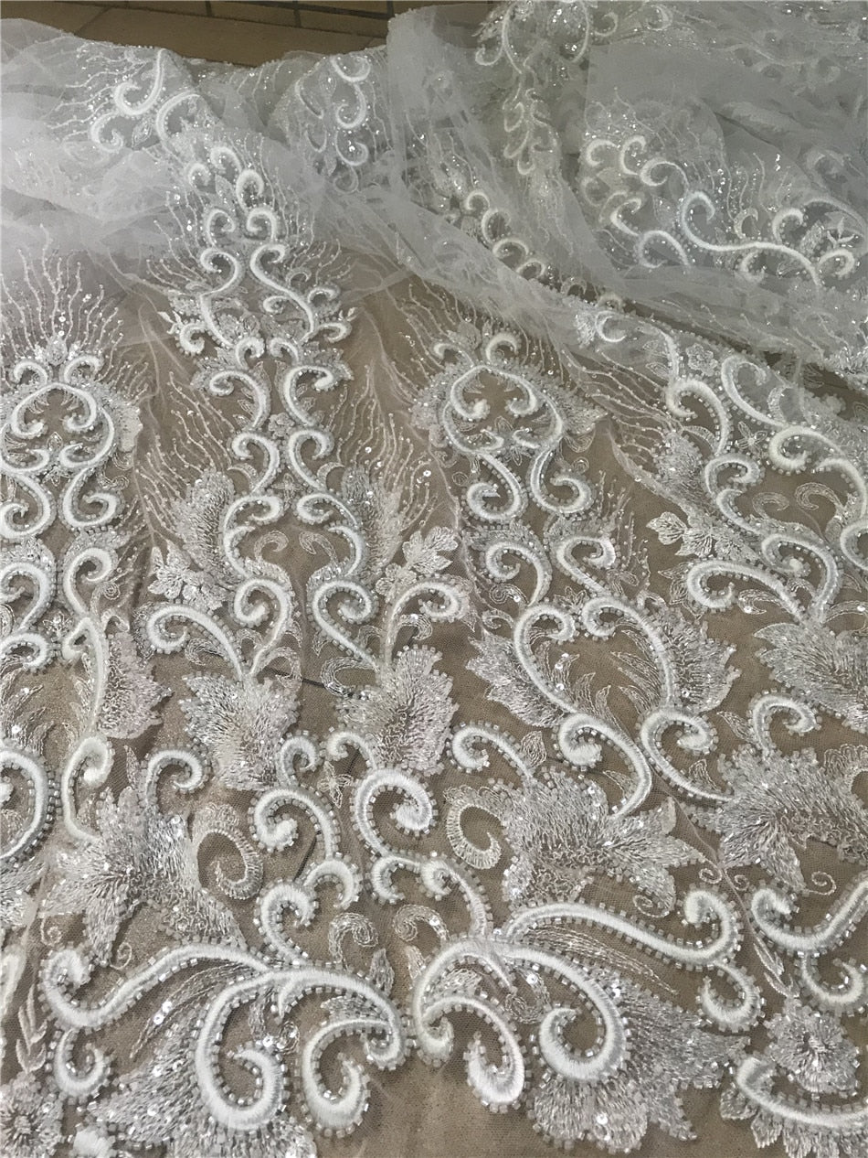 5 YARDS / Off White Sequin Beaded Glitter Embroidery Mesh Lace Wedding Party Dress Fabric - Classic & Modern