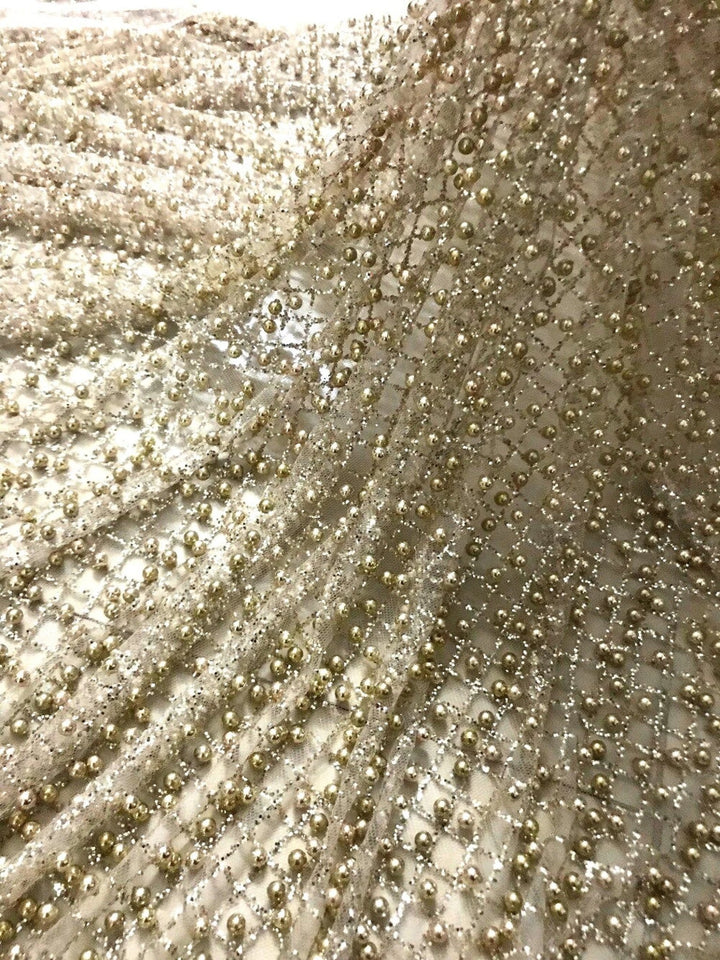 5 YARDS / Overall Gold Beads Metallic Gold Glitter Embroidery Mesh Lace / Dress Fabric - Classic & Modern
