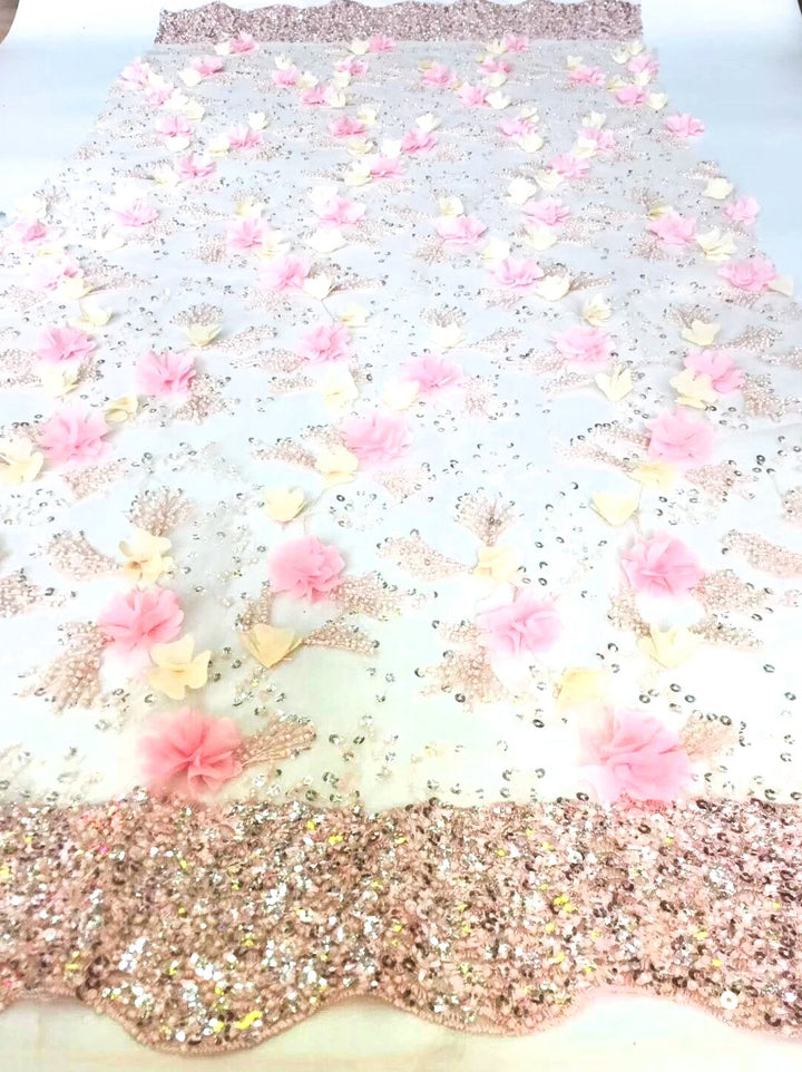 5 YARDS / Pink Gold Beige Beaded Embroidery Mesh Tulle Lace / Dress Fabric - Classic & Modern
