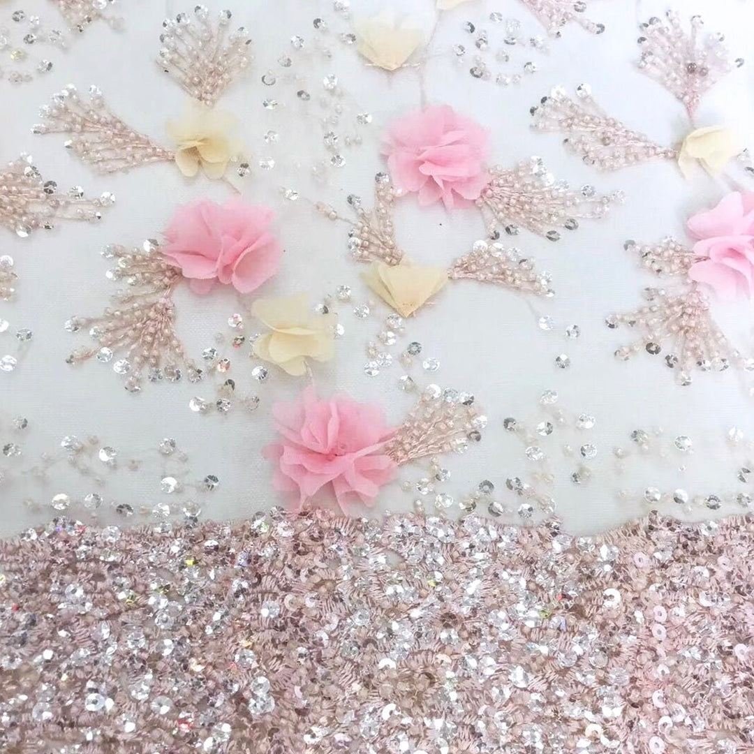 5 YARDS / Pink Gold Beige Beaded Embroidery Mesh Tulle Lace / Dress Fabric - Classic & Modern