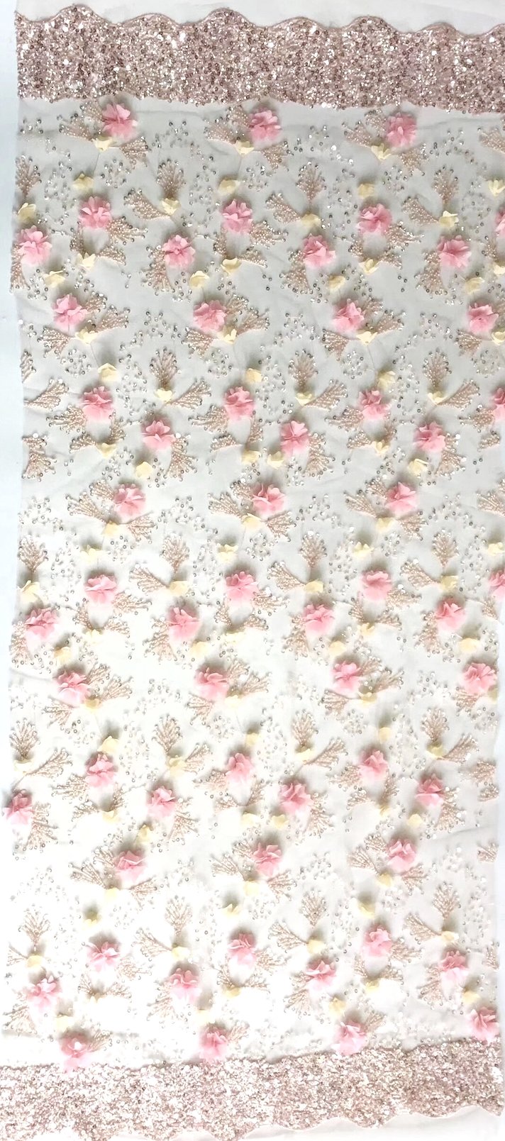 Pink beaded floral lace fabric - 3D lace & embroidery - lace fabric from
