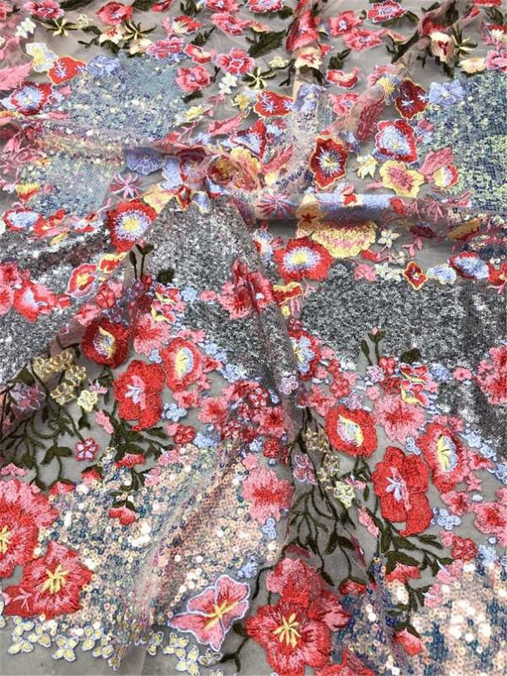 5 YARDS / Pink Red Floral Glitter Sequin Beaded Embroidery Tulle Mesh Lace Fabric - Classic & Modern