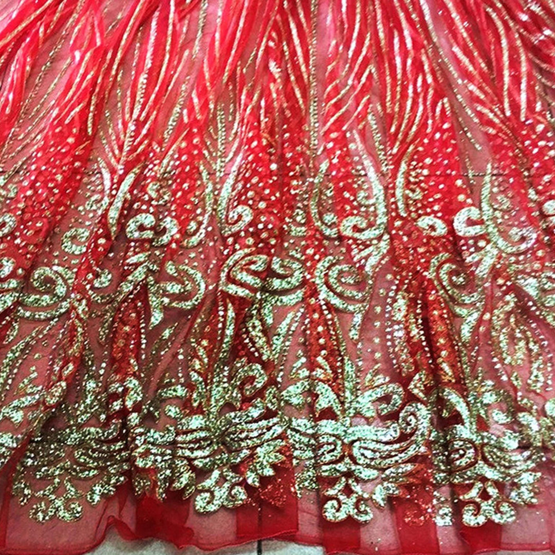 5 YARDS / Red Gold Glitter Red Mesh Sequin Embroidery Lace Dress Fabric - Classic & Modern