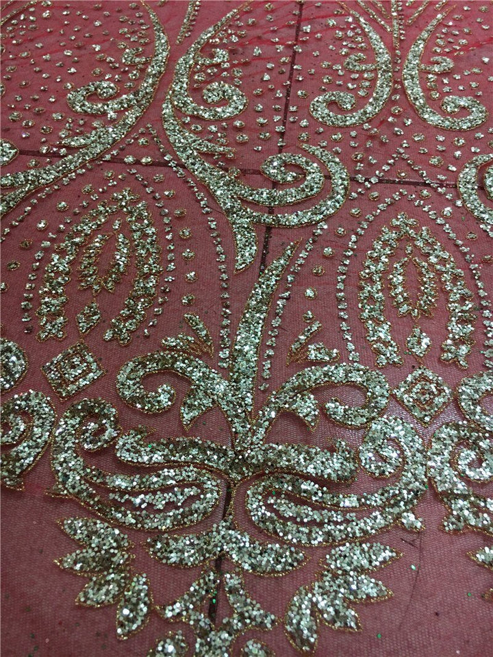 5 YARDS / Red Gold Glitter Red Mesh Sequin Embroidery Lace Dress Fabric - Classic & Modern