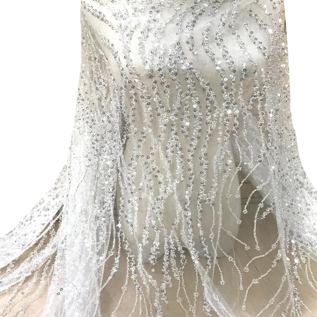 5 YARDS / Klara Silver Beige Ivory Embroidered Geometric Sequin Dress Classic Modern Fabrics 5 YARDS / Klara Silver Beige Ivory Embroidered Geometric Sequin Dress Classic Modern Fabrics