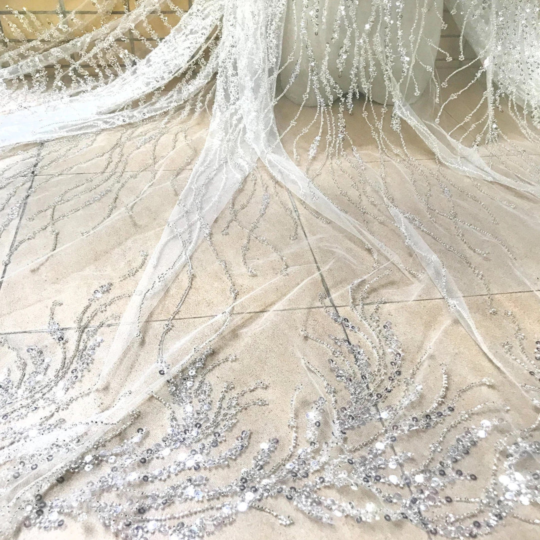 5 YARDS / Klara Silver Beige Ivory Embroidered Geometric Sequin Dress Classic Modern Fabrics 5 YARDS / Klara Silver Beige Ivory Embroidered Geometric Sequin Dress Classic Modern Fabrics