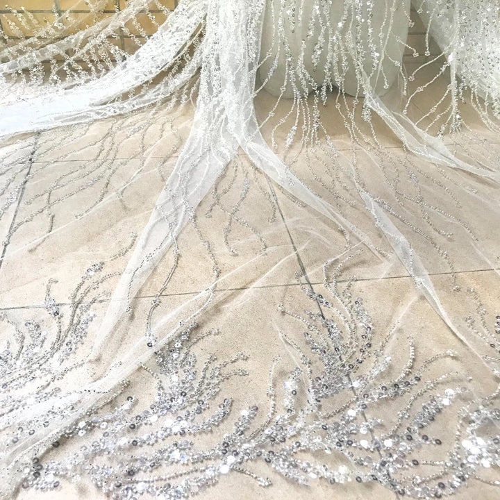 5 YARDS / Klara Silver Beige Ivory Embroidered Geometric Sequin Dress Mesh Lace Party Prom Bridal Dress Fabric