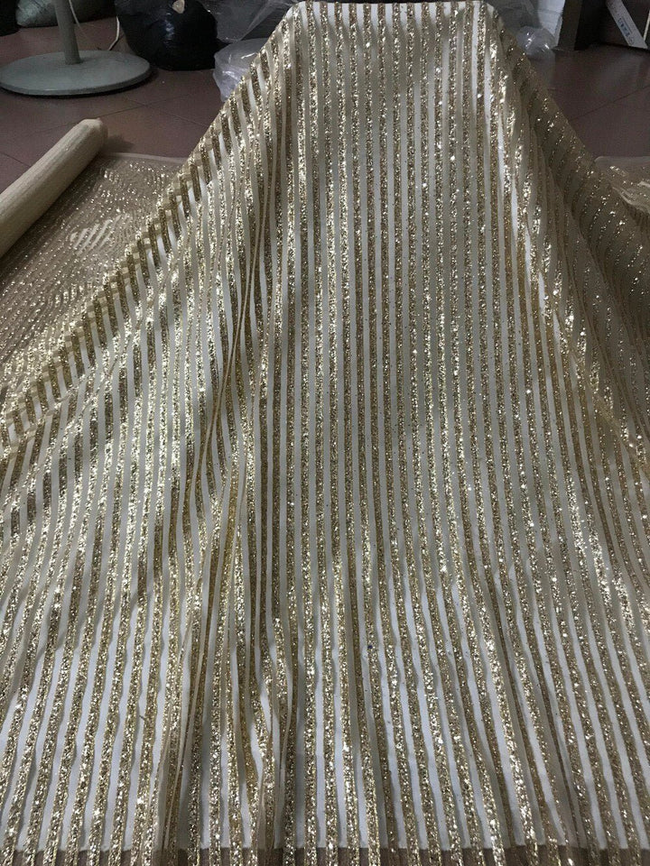 5 YARDS / Striped Metallic Gold Glitter Embroidery Mesh Lace Dress Fabric - Classic & Modern