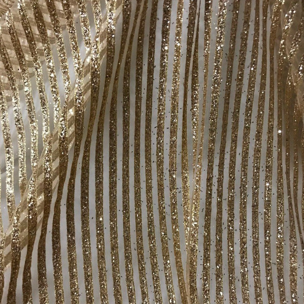 5 YARDS / Striped Metallic Gold Glitter Embroidery Mesh Lace Dress Fabric - Classic & Modern
