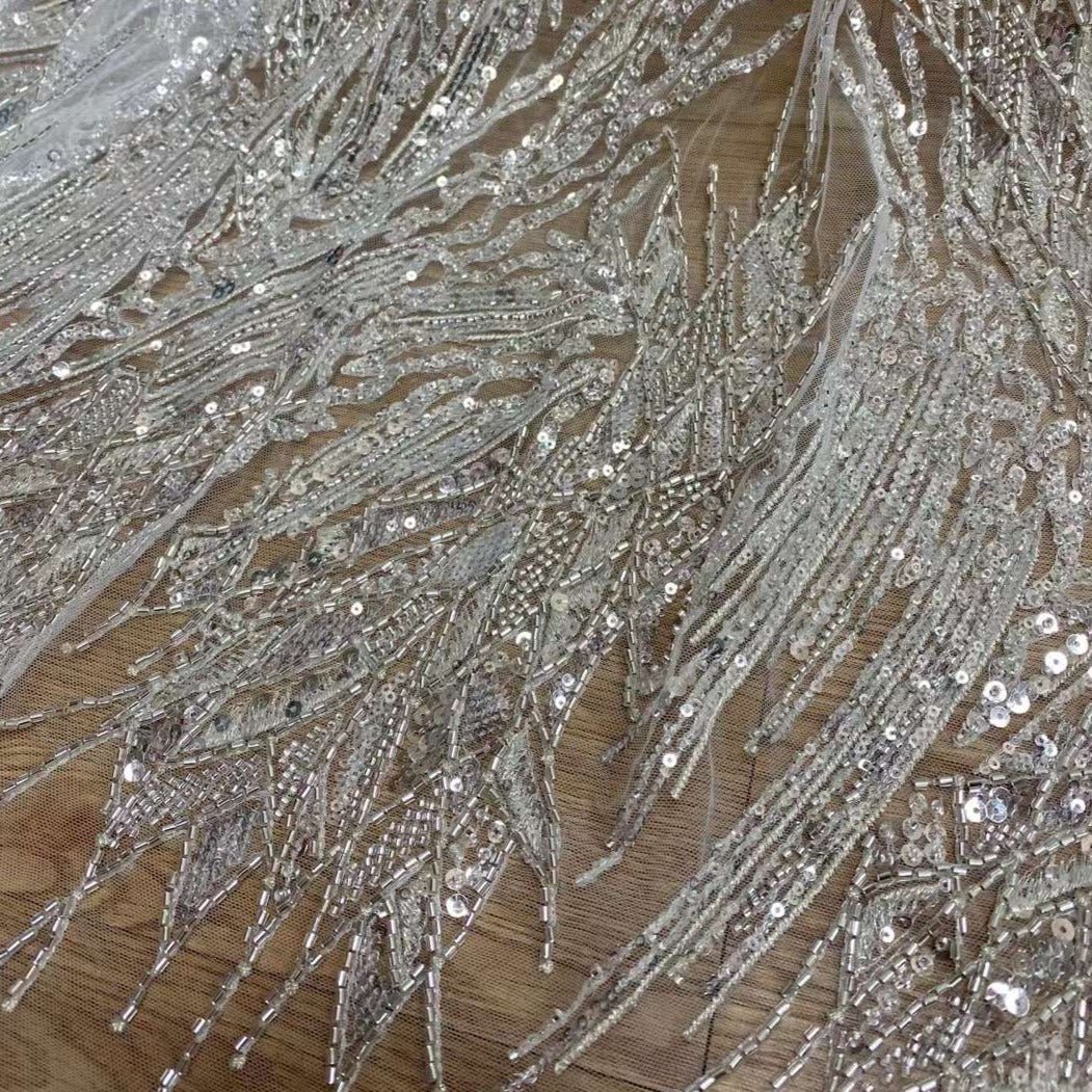 5 YARDS / Waterfall Beige Ivory Sequin Beaded Embroidery Glitter Mesh Lace Wedding Party Dress Fabric - Classic & Modern