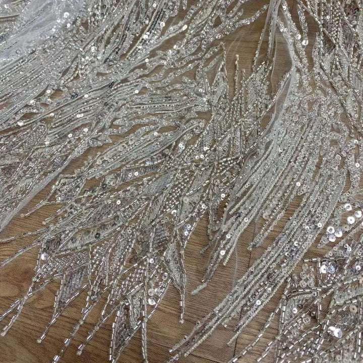5 YARDS / Waterfall Beige Ivory Sequin Beaded Embroidery Glitter Mesh Lace Wedding Party Dress Fabric - Classic & Modern