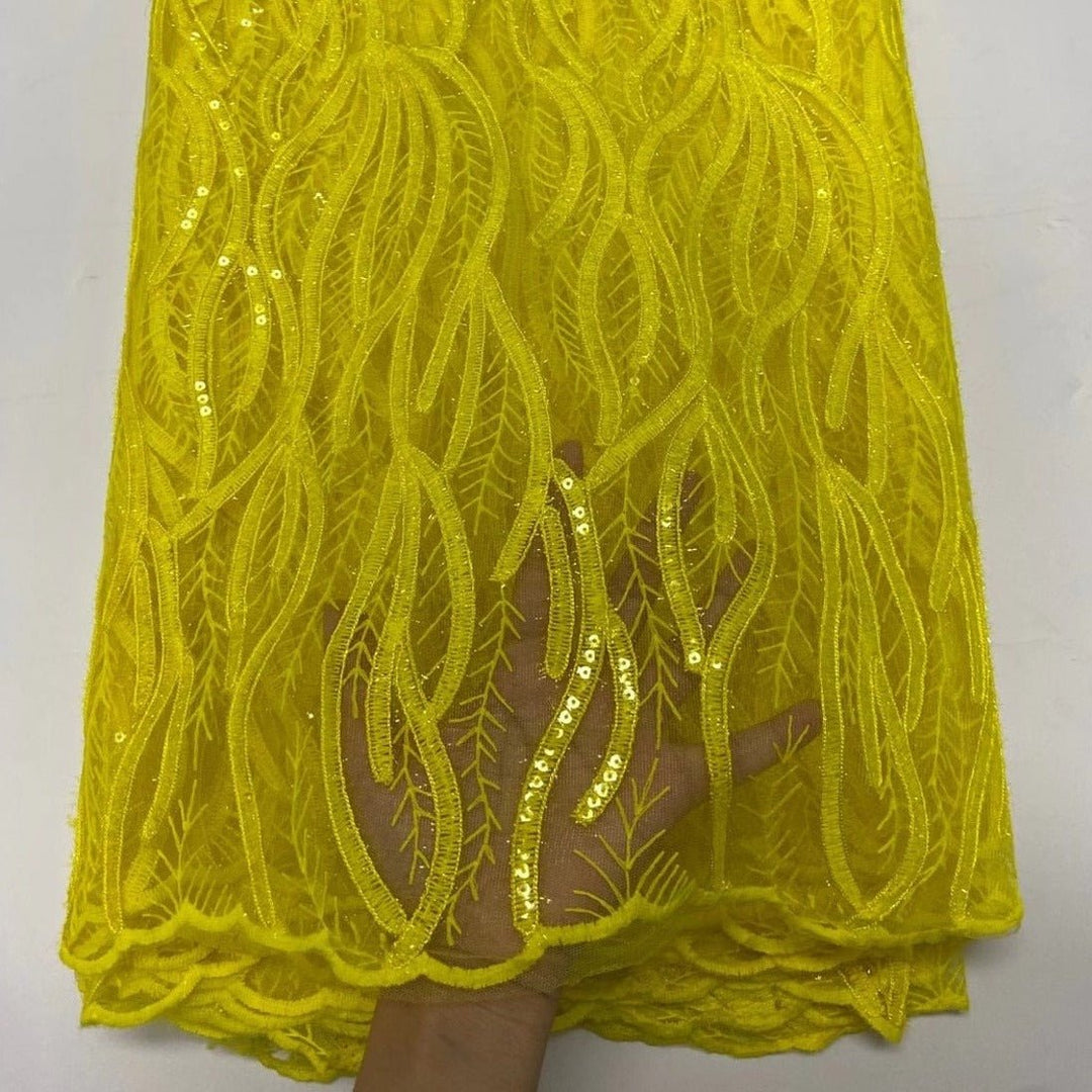 5 YARDS / Yellow Funky Party Glitter Sequin Beaded Embroidery Tulle Mesh Lace Fabric - Classic & Modern