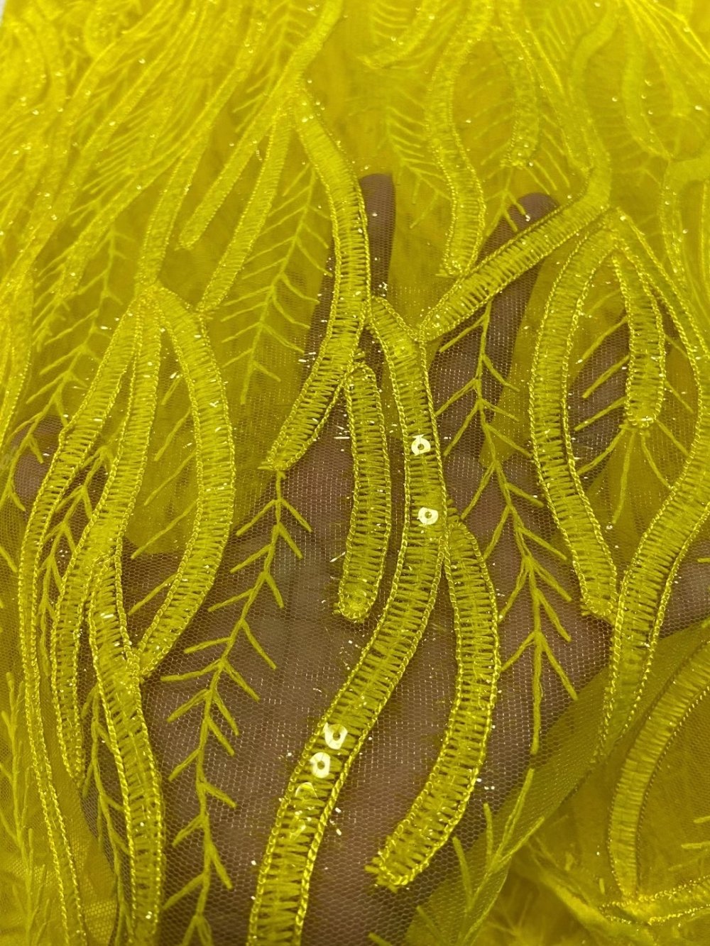5 YARDS / Yellow Funky Party Glitter Sequin Beaded Embroidery Tulle Mesh Lace Fabric - Classic & Modern