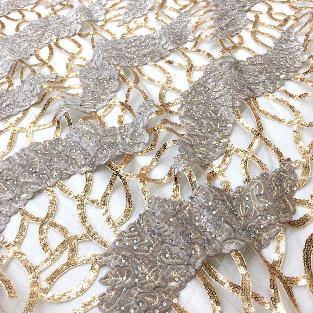 5 YARDS / DIORS Metallic Gold Brown Beige Sequin Embroidery Mesh Lace / Dress Fabric / Fabric by the Yard