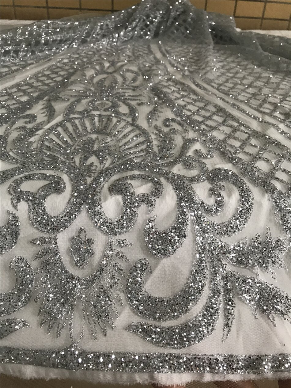 5 YARDS / 2 COLORS / Anne-Laure Silver Gold Embroidery Glitter Mesh Lace Wedding Party Dress Fabric