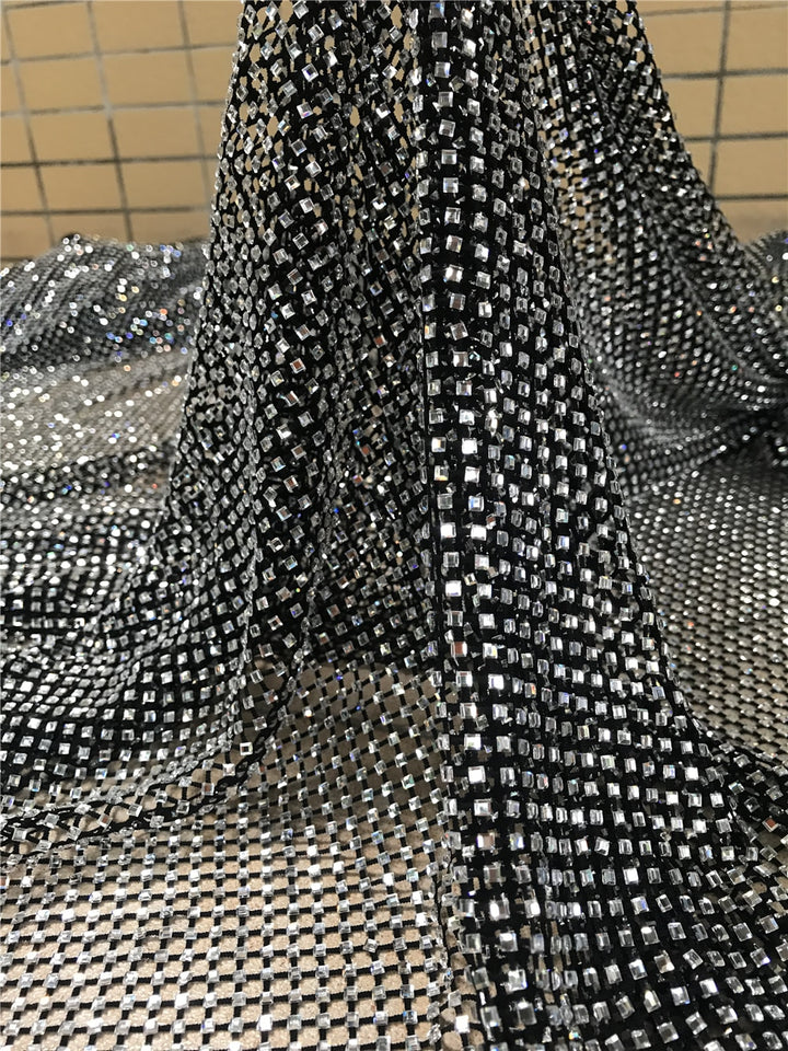 5 YARDS / Elea Silver Clear Sequin Beaded Embroidery Black Tulle Mesh Lace Party Prom Bridal Dress Fabric