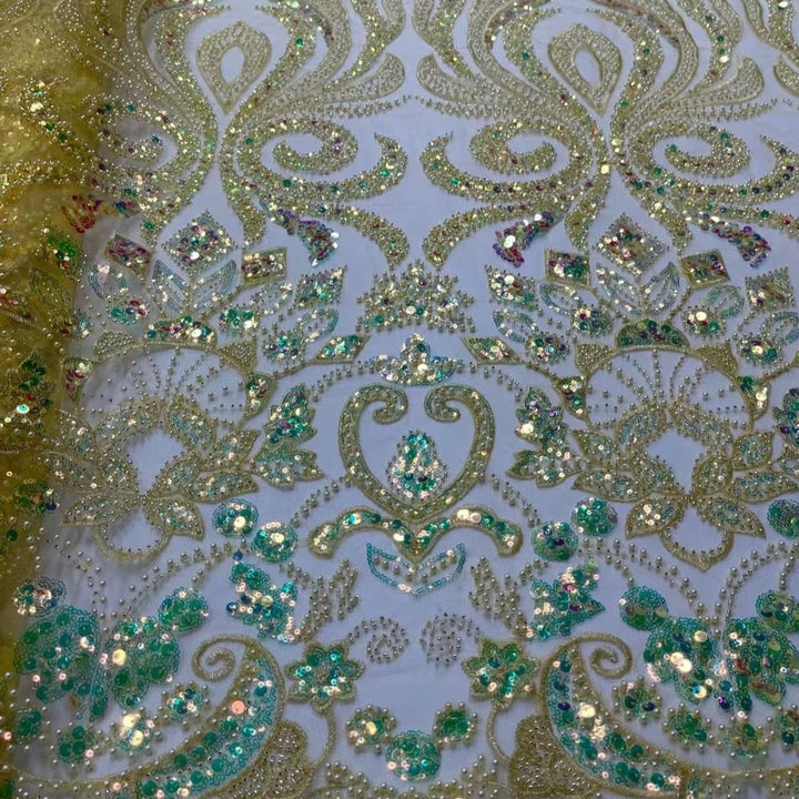 5 IARDE / 13 COLORI / Tessuto per abiti da cerimonia nuziale in pizzo scintillante con ricami di perline e paillettes Isaac