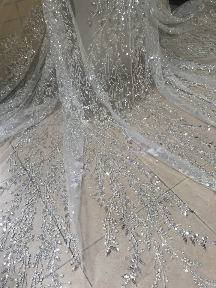 5 YARDS / Francesca Beige Regal Design Sequin Beaded Embroidery Tulle Mesh Lace Party Prom Bridal Dress Fabric