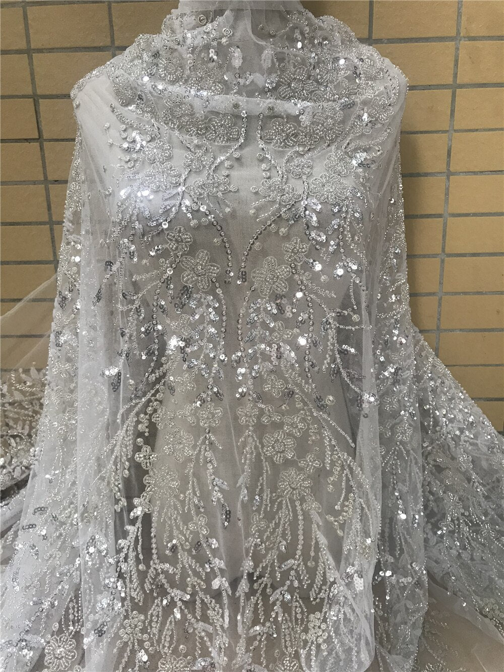 5 YARDS / Francesca Beige Regal Design Sequin Beaded Embroidery Tulle Mesh Lace Party Prom Bridal Dress Fabric