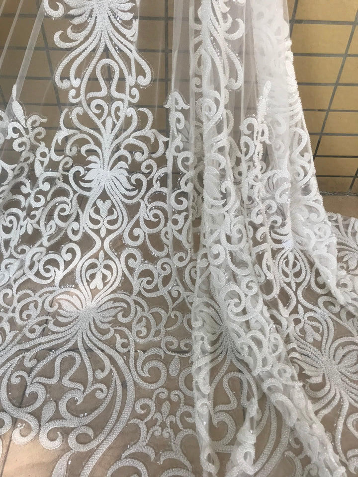 5 YARDS / Solveig Large Regal Full Bead Sequin Embroidery Tulle Mesh Lace Party Prom Bridal Dress Fabric