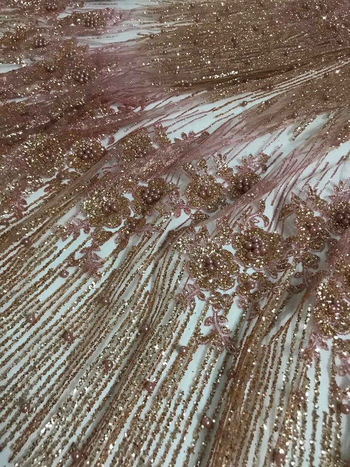 Tessuto per abiti da cerimonia nuziale in pizzo con ricami di perline floreali Neva da 5 metri