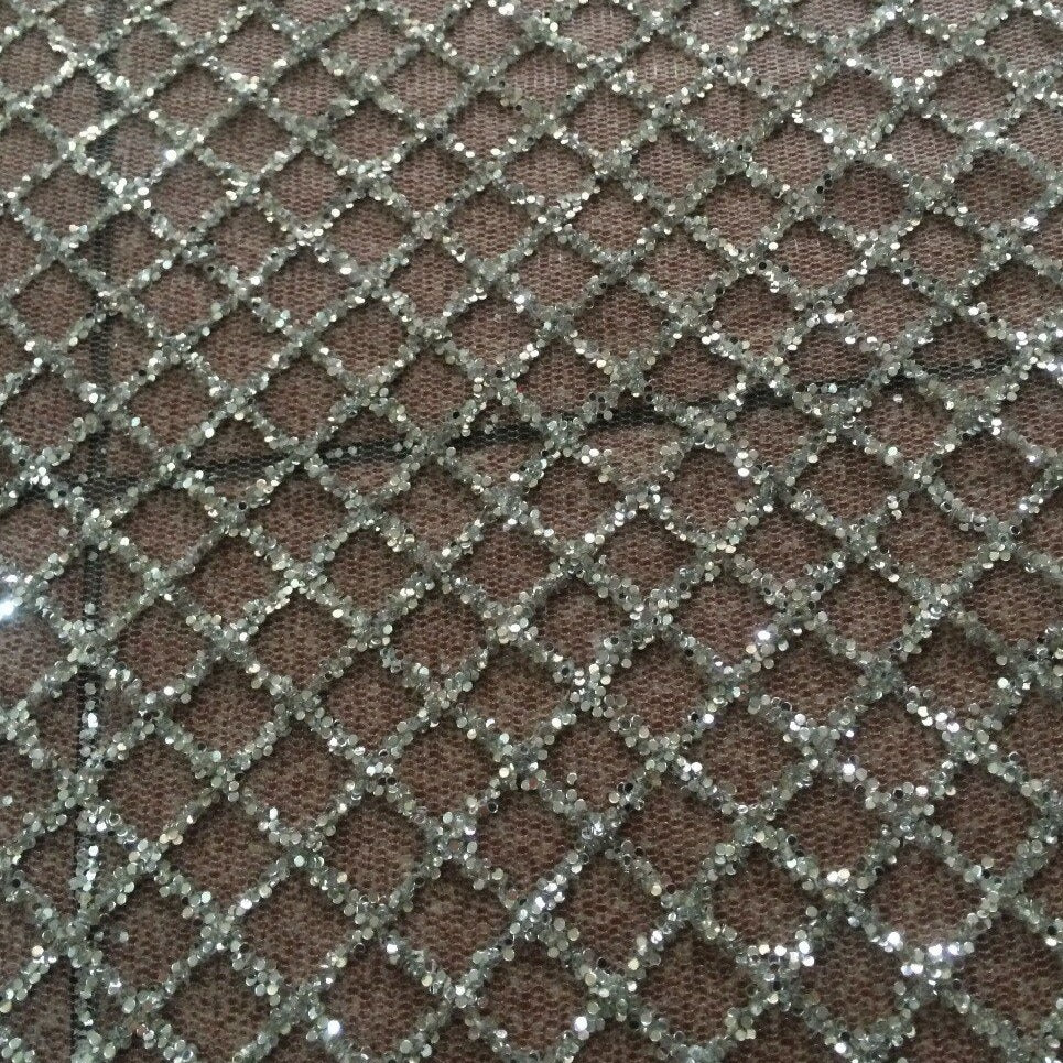 Tessuto per abiti da sposa, 5 metri / Ninon con ricamo geometrico con perline, glitter, maglia, pizzo, ballo di fine anno