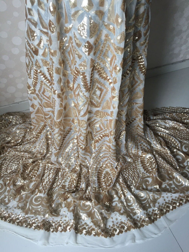 5 YARDS / Sirine Regal Gold Beige Beaded Embroidery Mesh Lace Wedding Party Dress Fabric