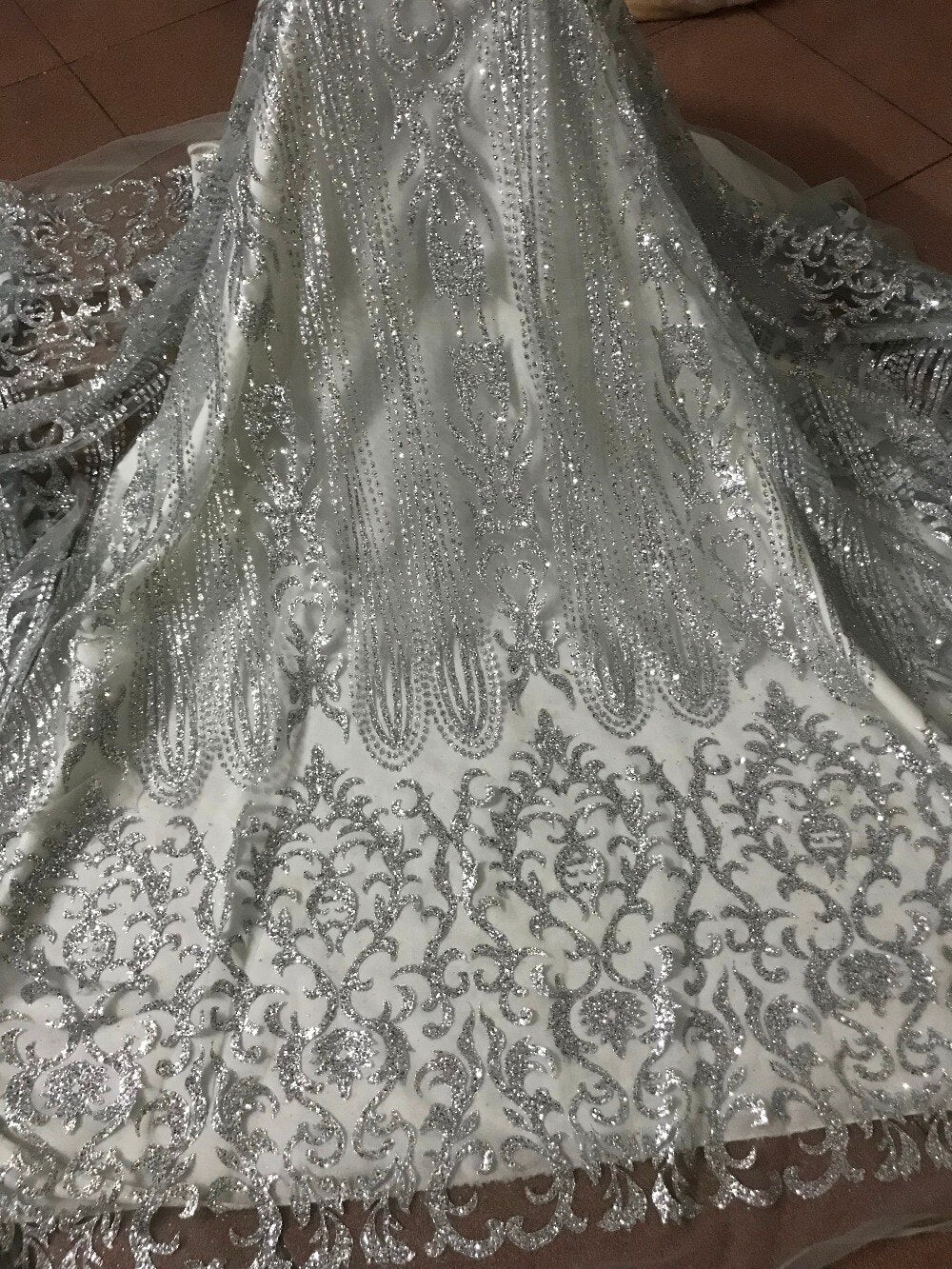 Tessuto per abito da sposa, 5 metri / Perla Regal, ricamo con perline, glitter, maglia di pizzo, ballo di fine anno