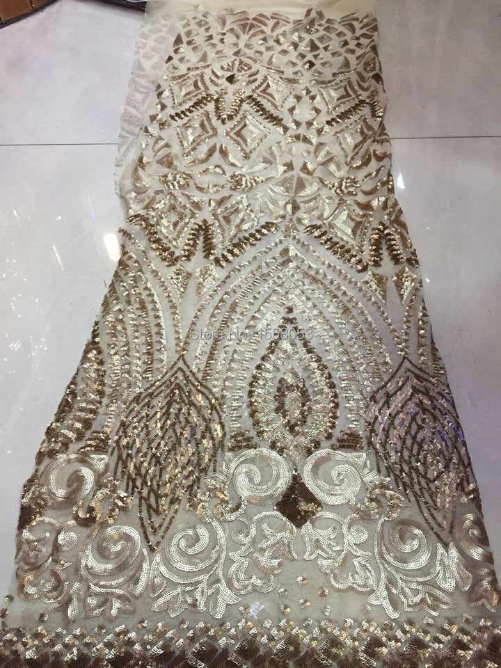 Tessuto per abiti da festa di nozze in pizzo ricamato con perline color oro beige da 5 metri/Sirine Regal