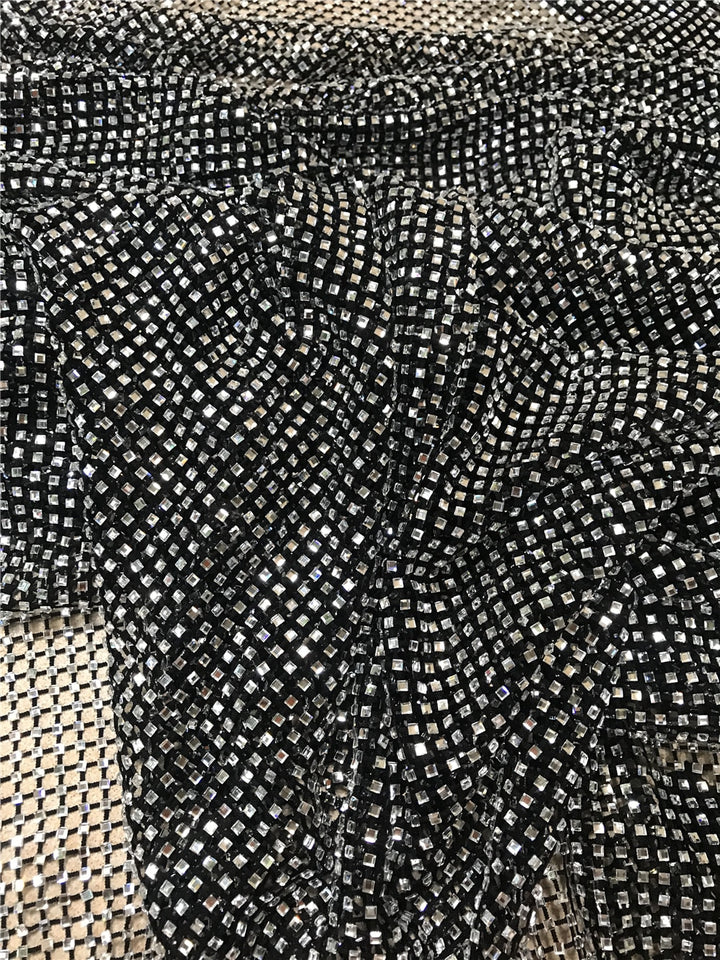 5 YARDS / Elea Silver Clear Sequin Beaded Embroidery Black Tulle Mesh Lace Party Prom Bridal Dress Fabric