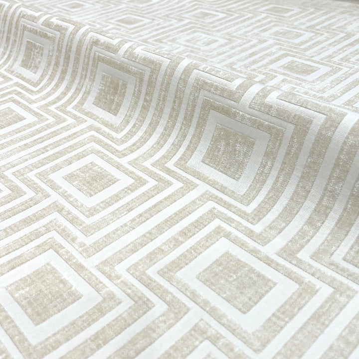 Ivory Beige Soft Chenille Velvet Geometric Tone on Tone Fabric