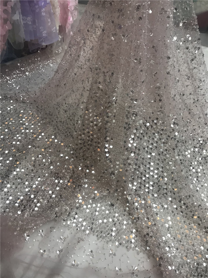 5 YARDS / Chanela Sequin Beaded Embroidered  Mesh Sparkly Lace Bridal Wedding Party Dress Fabric
