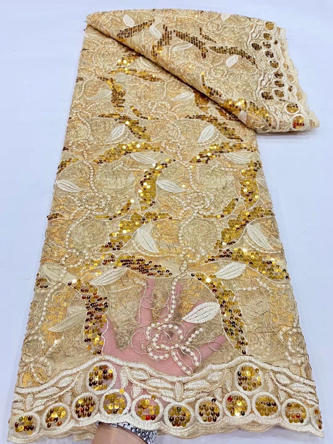 5 YARDS / 10 COLORI / Tessuto per abiti da cerimonia nuziale da sposa in pizzo scintillante con paillettes e perline ricamate di Enora