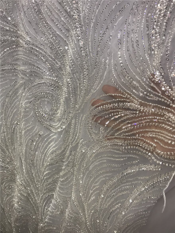 5 YARDS / Cezana Clear Off-White Sequin Beaded embroidered  Mesh Sparkly Lace Bridal Wedding Party Dress Fabric