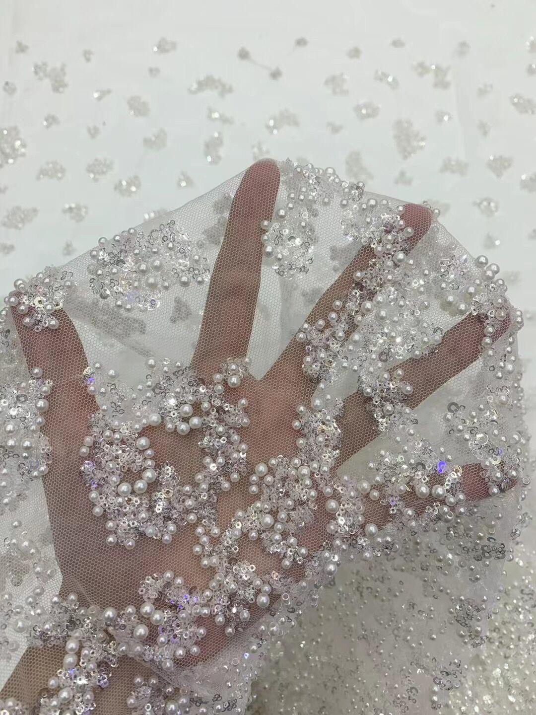 Tessuto per abito da sposa, 5 metri/Caroline, paillettes, perline, ricamato, rete, pizzo scintillante, abito da cerimonia nuziale