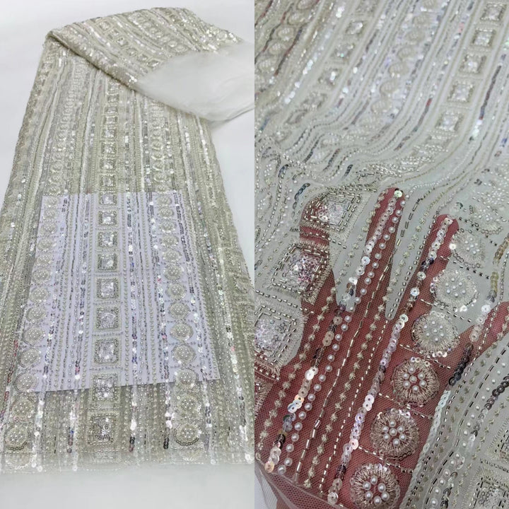 5 YARDS / 7 COLORS / Adalene Sequin Beaded Embroidered  Mesh Sparkly Lace Bridal Wedding Party Dress Fabric