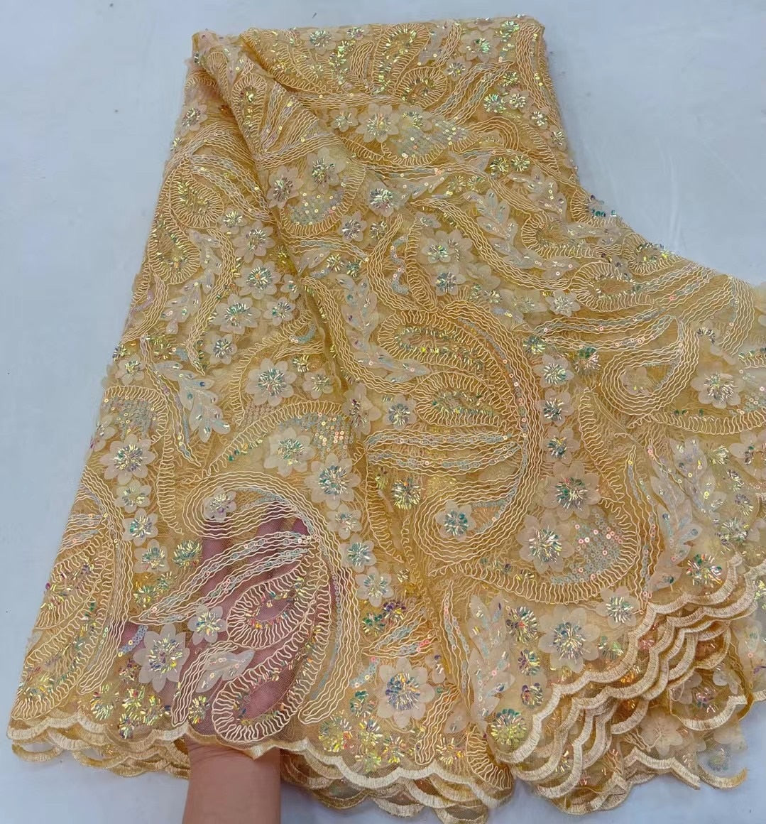 5 YARDS / 9 COLORI / Tessuto Lucille con ricami floreali in rilievo, rete di pizzo glitterato, per abiti da ballo, feste, abiti da sposa 