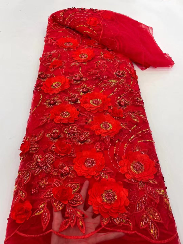 5 IARDI / 8 COLORI / Tessuto per abito da cerimonia nuziale in pizzo a rete con ricami floreali in rilievo
