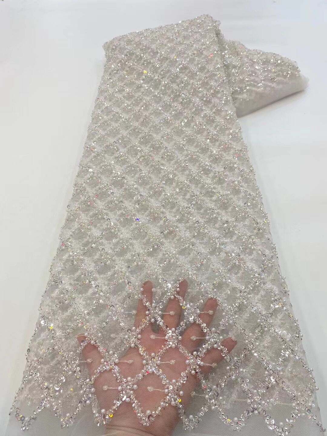 5 YARDS / 6 COLORI / Tessuto per abito da sposa Nélia con paillettes geometriche, perline, ricamo, pizzo, festa, ballo