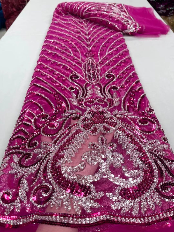 5 YARDS / 8 COLORS / Cerise Sequin Beaded Embroidered  Mesh Sparkly Lace Bridal  Party Prom Bridal Dress Fabric