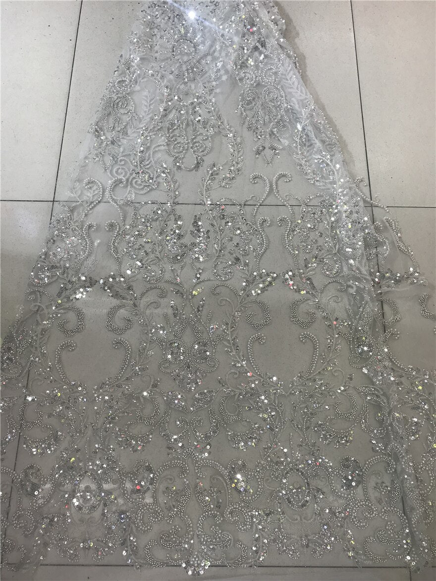 5 YARDS / Christin Sequin Beaded Embroidered  Mesh Sparkly Lace Bridal Wedding Party Dress Fabric