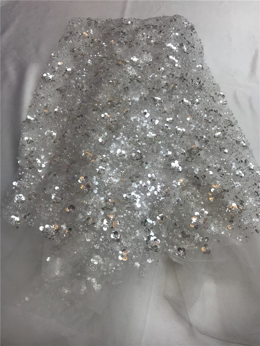 5 YARDS / Chantae Sequin Beaded Embroidered  Mesh Sparkly Lace Bridal Wedding Party Dress Fabric