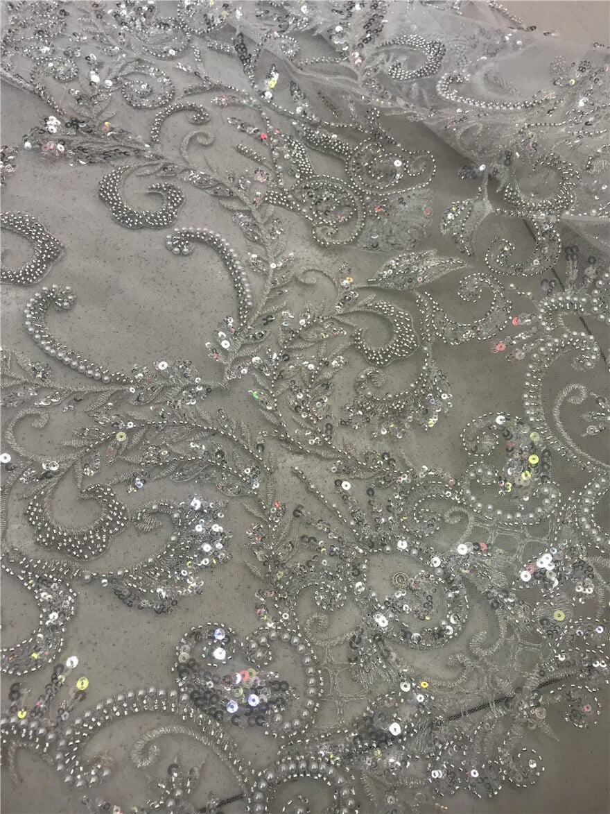 5 YARDS / Christin Sequin Beaded Embroidered  Mesh Sparkly Lace Bridal Wedding Party Dress Fabric