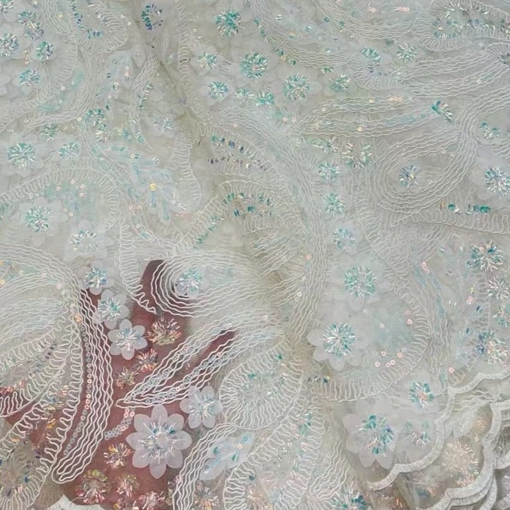 5 YARDS / 9 COLORI / Tessuto Lucille con ricami floreali in rilievo, rete di pizzo glitterato, per abiti da ballo, feste, abiti da sposa 