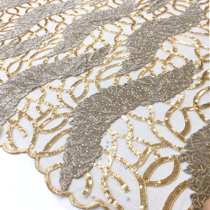 5 YARDS / DIORS Metallic Gold Brown Beige Sequin Embroidery Mesh Lace / Dress Fabric / Fabric by the Yard