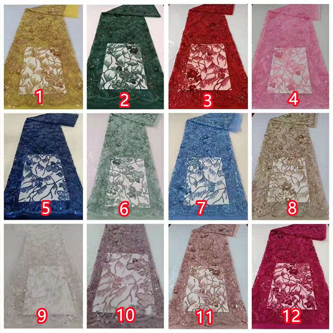 ae / 5 COLORS / Floral Heavy Beads Glitter Embroidered African French Mesh Lace Dress Fabric - Classic & Modern