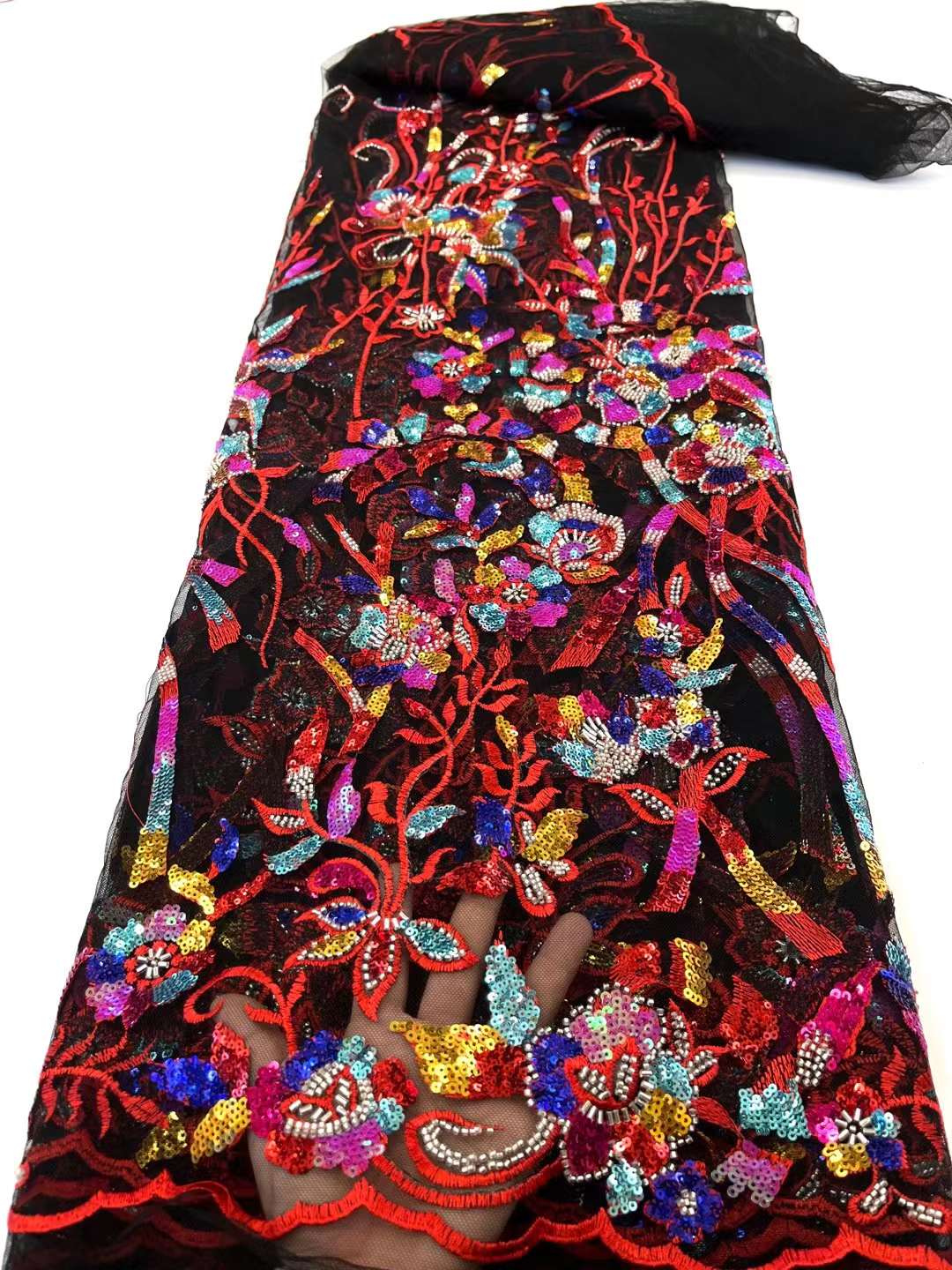 ae / 5 COLORS / Floral Heavy Beads Glitter Embroidered African French Mesh Lace Dress Fabric - Classic & Modern