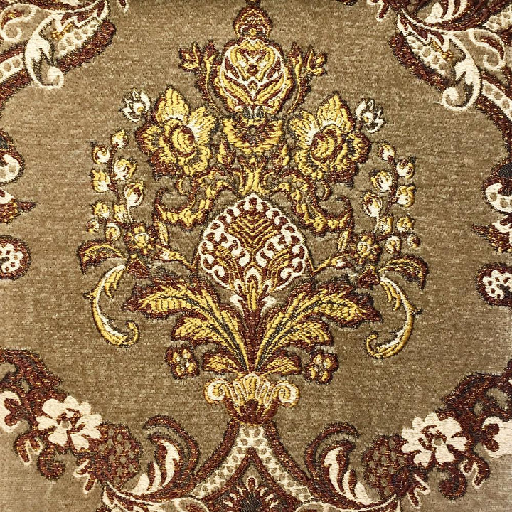 Alexander Multi Color Damask Chenille Woven Jacquard Brown Gold Fabric - Classic & Modern