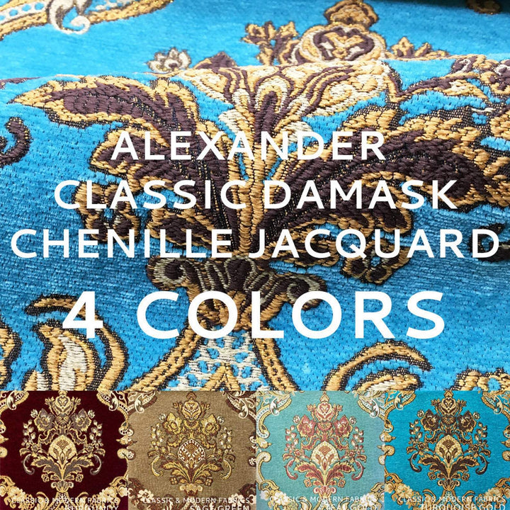 Alexander Multi Color Damask Chenille Woven Jacquard Teal Blue Fabric - Classic & Modern